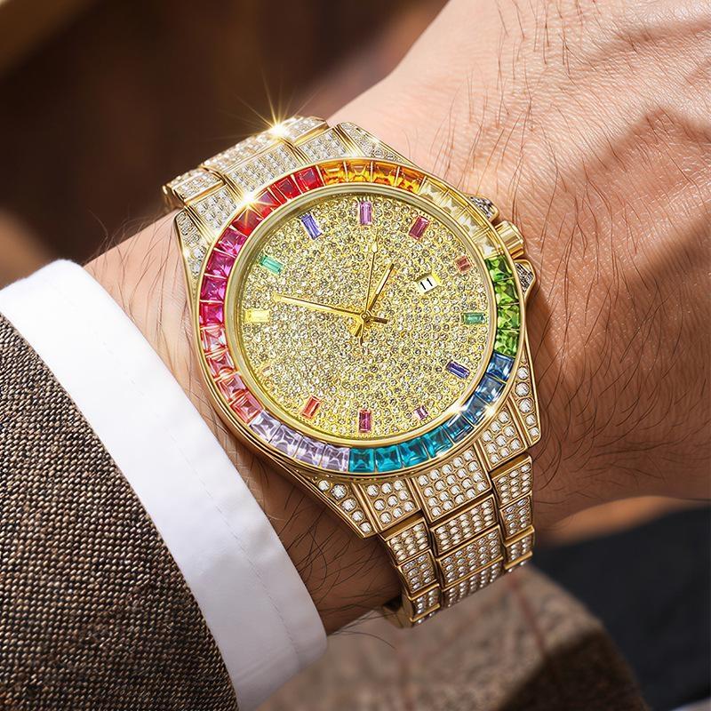 Luxury Gold Iced Out Men's Quartz Watch Rainbow Bezel Full Diamond Dial Hip Hop Bling Wristwatch for Men