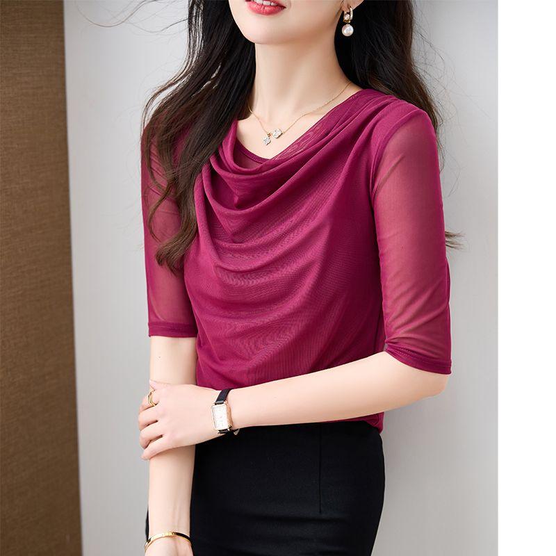 Summer Mesh Women T-shirt New 2025 Short-sleeved Stylish Solid Color Versatile Elegant Top