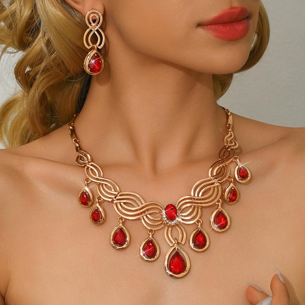 Fashionable and Exaggerated Diamond Studded Red and Black Water Droplet Necklace, Earrings, Rings, Bracelets, Four Piece Set