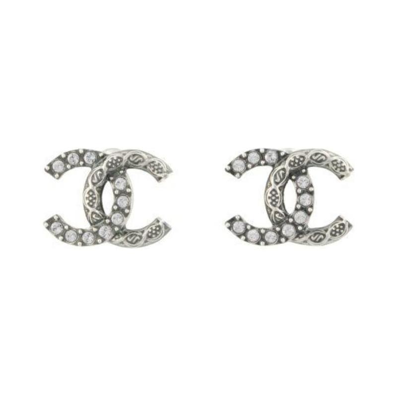 CHANEL Elegant Double C Shape Metal Earrings Women's Silver