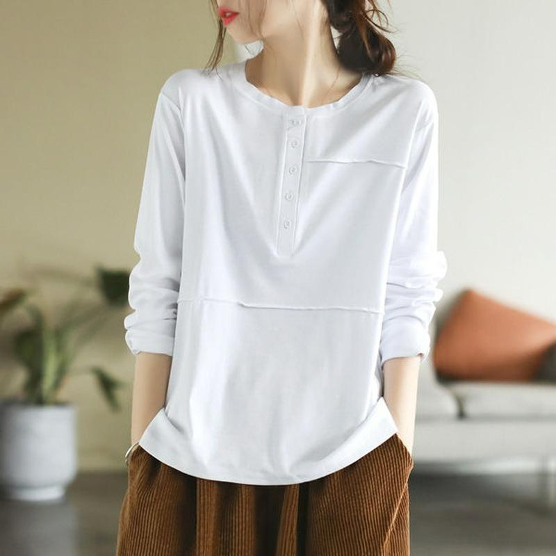 Literary Retro Spring and Autumn Long-sleeved T-shirt Women's Casual Thin Stitching Button Bottoming Shirt Top Women