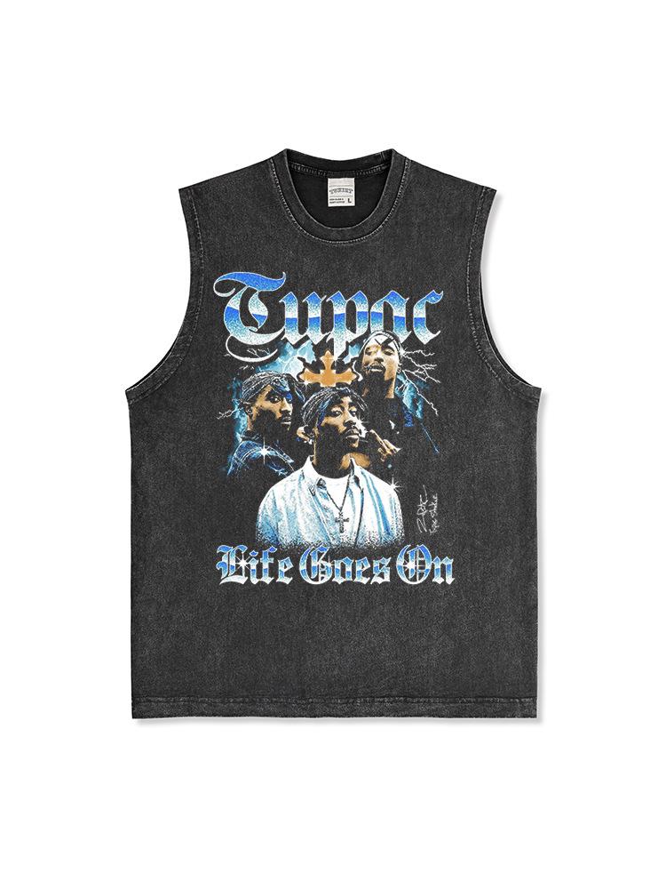 Canotta Senza Maniche Tupac Grafica Retro High Street Cotone Pesante