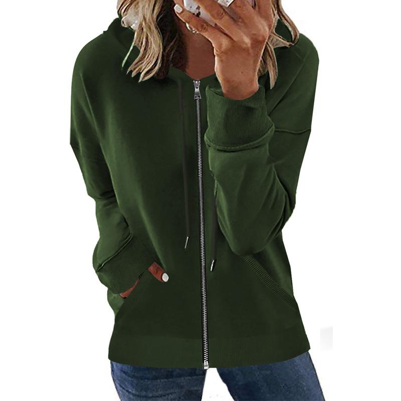 New European and American Autumn and Winter Zipper Cardigan Jacket Women's Casual Solid Color Loose Versatile Hooded Jacket Top