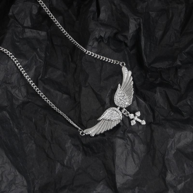 Fashion Angel Wing Inlaid Diamond Cross Clavicle Necklace Pendant For Men Women