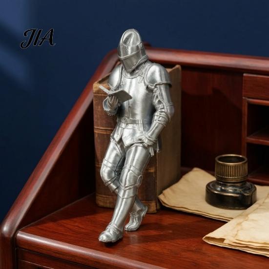 Classic Armor Plate Decor for Garden Medieval Knight Bookshelf Decor, Silver-Finished Armored Statue, Fantasy Home Relaxed Posture Collection