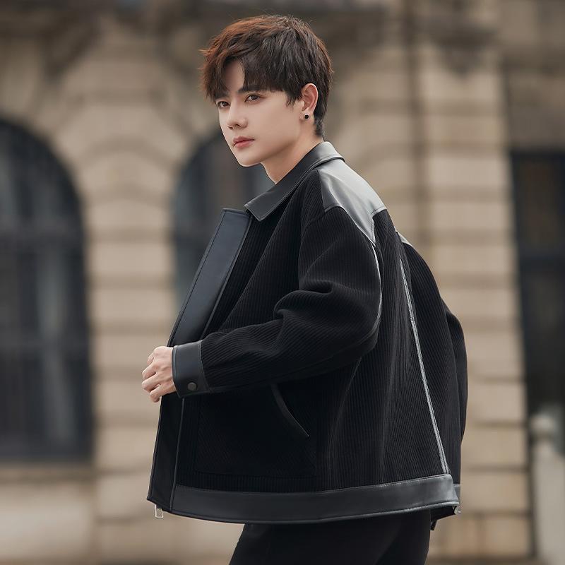 Autumn Senior Design PU Leather Splicing Jacket Lapel Ruffian Handsome Coat Loose Short Coat Top Men