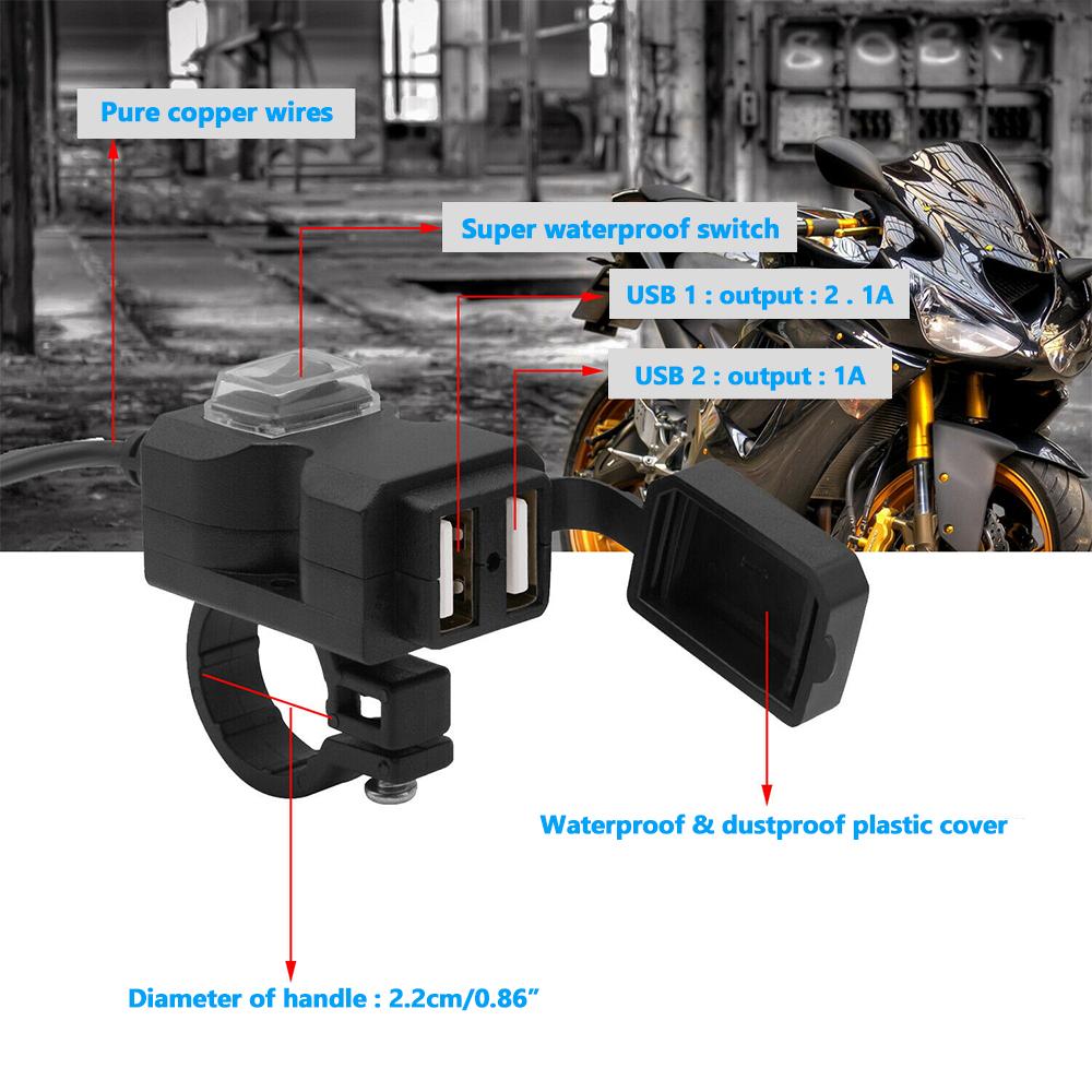 Motocycle Dual USB Charger Adapter Rearview Mirror Waterproof Phone Charger with Voltmeter ON/Off  Accessories