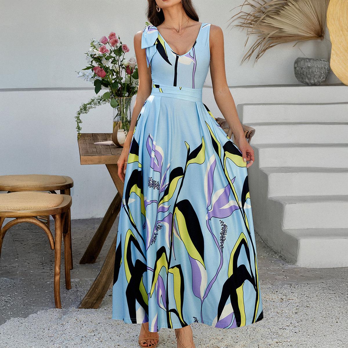 

Женское летнее повседневное платье без рукавов с принтом для отпуска, контрастной расцветки, с завышенной талией XL синий