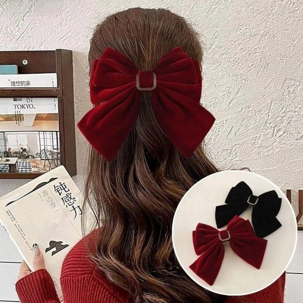 Women s Velvet Ribbon Automatic Pin Square Cubic Half-Up Simple Pin Autumn Hair Pin Winter Hair Pin Red