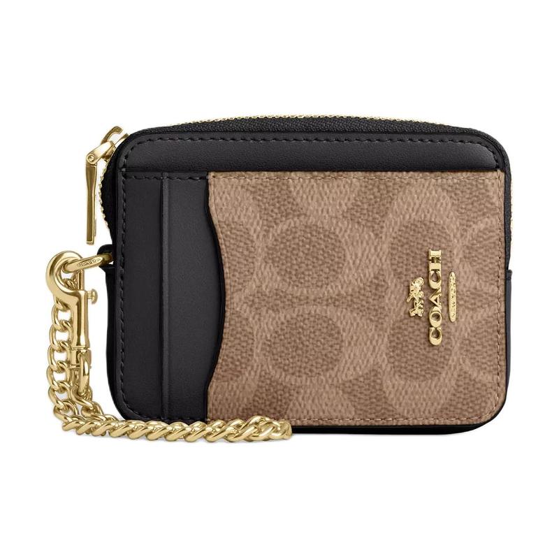 

COACH Zip Card Case ogo Metal Zipper Closure Faux Leather Card Case Regular Women s Tan and Black Tan and black чёрный