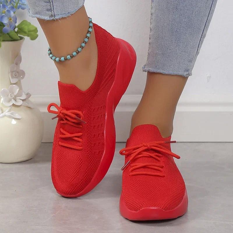 Fashion Women Lace-Up Shoes Sporty Outdoor Flying Weaving Sneakers Comfort Lightweight Non Slip Athletic Shoes Gym Work Casual Shoes