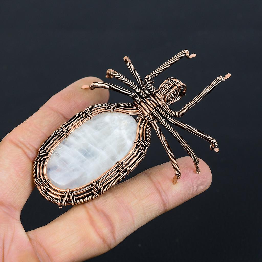 Rainbow Moonstone Handmade Copper Wire Wrap Spider Pendant 2.56" K0v81