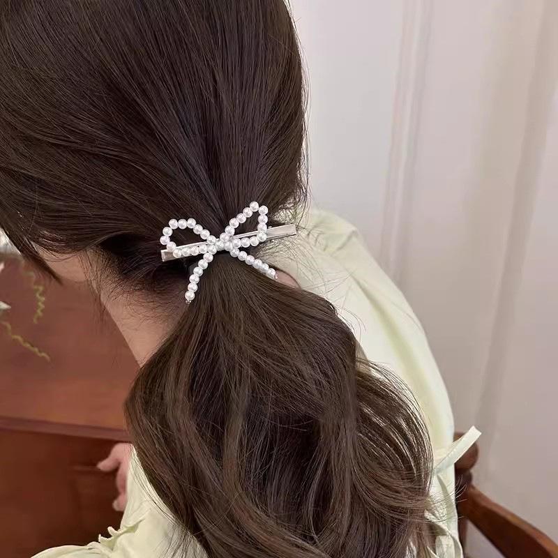Bow Pearl Hairpin Women'S High-End Side Ear Clip Forehead Bangs Broken Hair Side Clip Hair Accessories