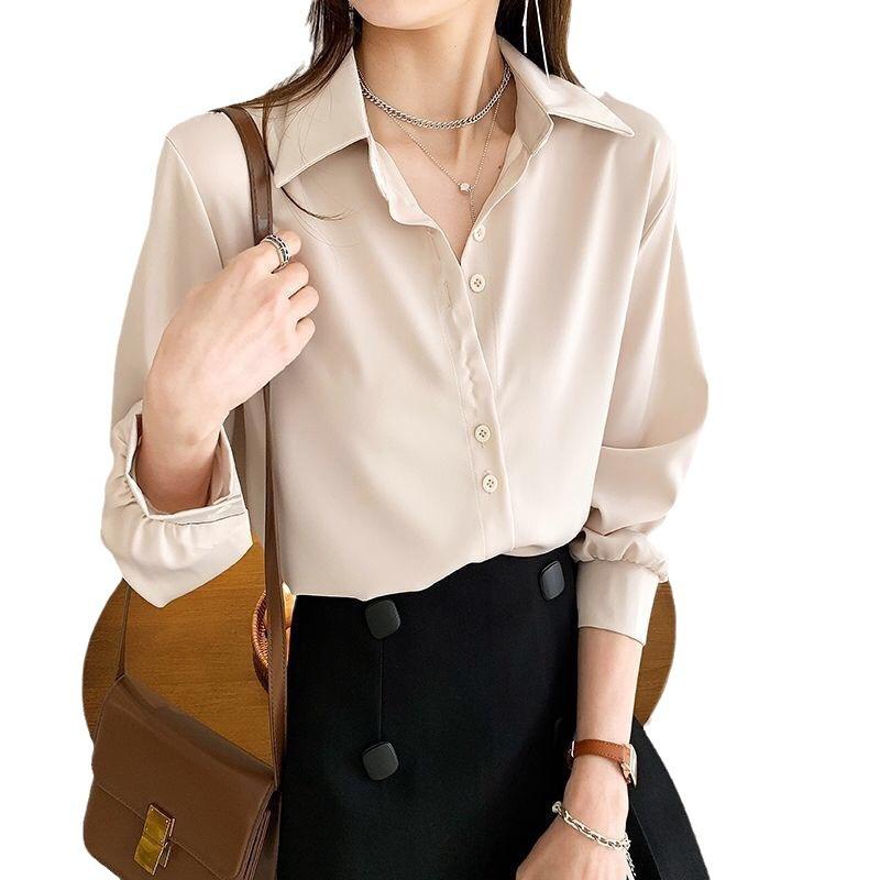 Women's Satin Button-Down Shirt Oversized Long Sleeve Office Blouse