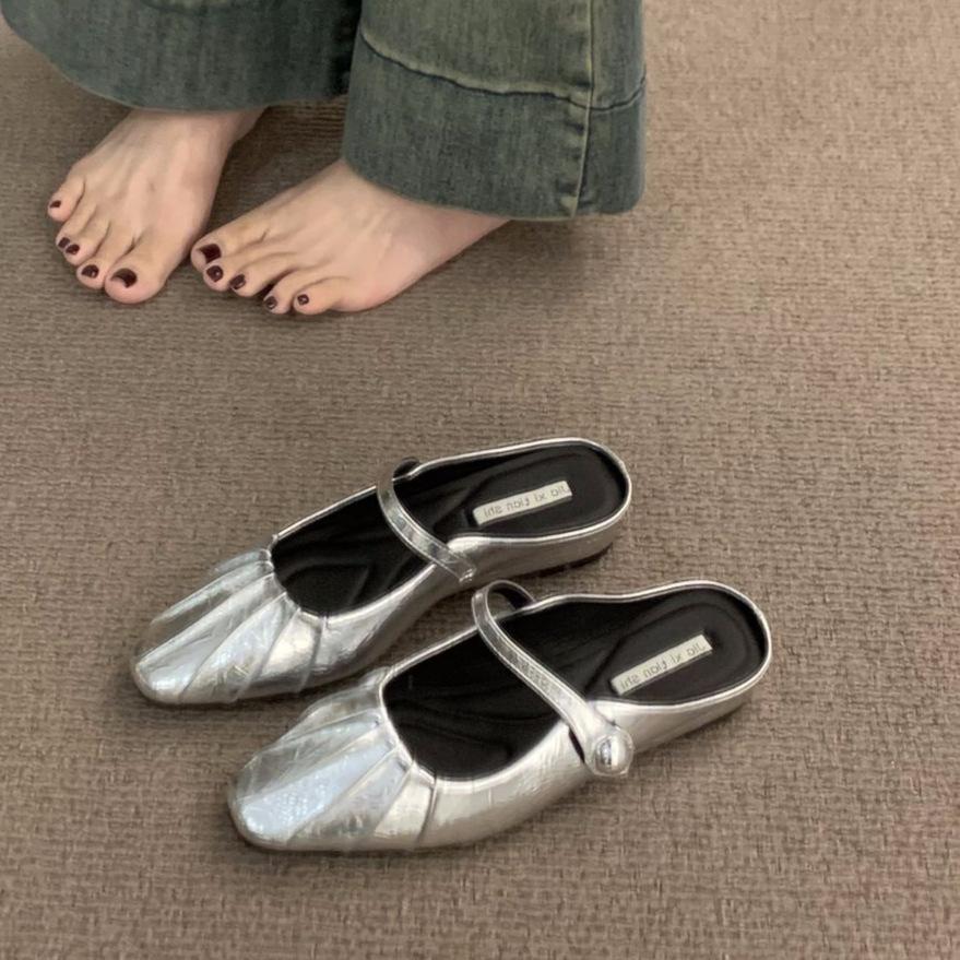 Silver bag head half slippers women's shoes wear 2025 new summer French Mary Jane half a word with single shoes