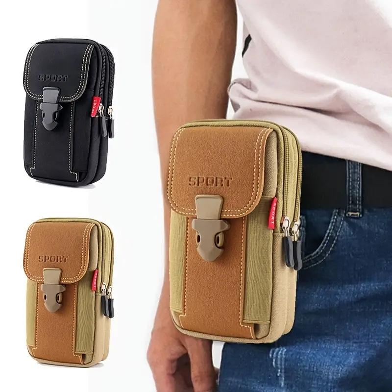 Men's Outdoor Leather Waist Bag: Mobile Phone Protective Case with Belt Loop and Coin Purse, Three-Layer Design.