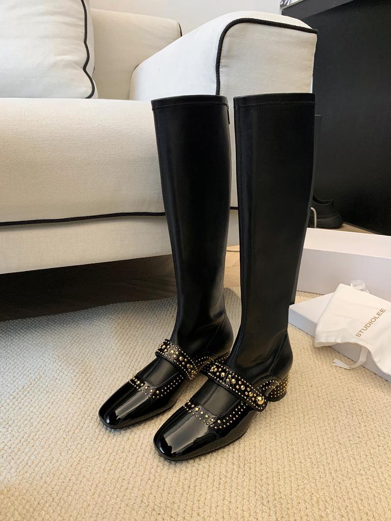 Cowhide Grape Mother Same Leather Square Head Rivet Fashion Boots Medium and High Elastic Boots Women's Thin Boots Short Boots