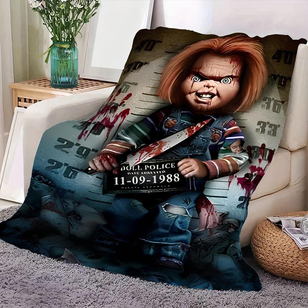 Chucky Horror Plush Blanket - Creepy Doll Inspired Blanket with Bloodstained Mugshot Design, Soft and Cozy Throw for Halloween D