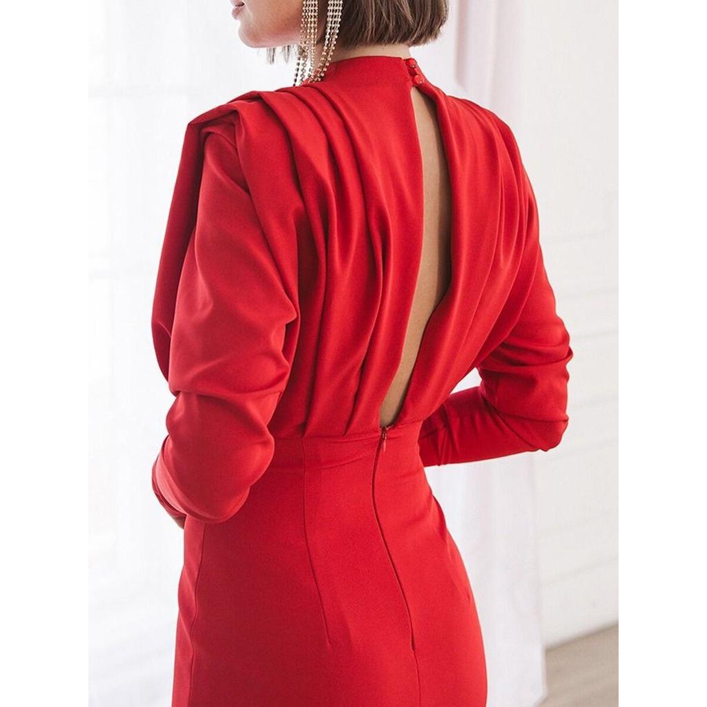 Frühling Sommer Damen Modekleid, Europäischer Amerikanischer Stil Hoher Kragen Schlitz Langes Maxikleid, Freizeitkleidung