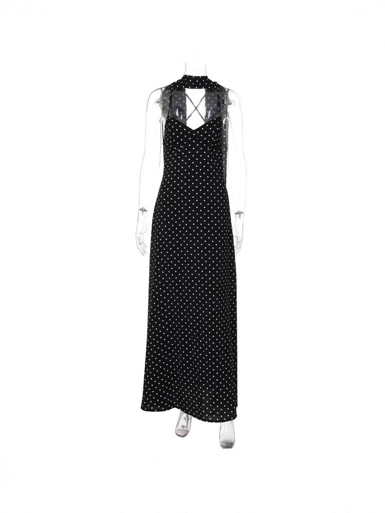 2026 European Summer Women's Polka Dot V-Neck Spaghetti Strap Backless Dress