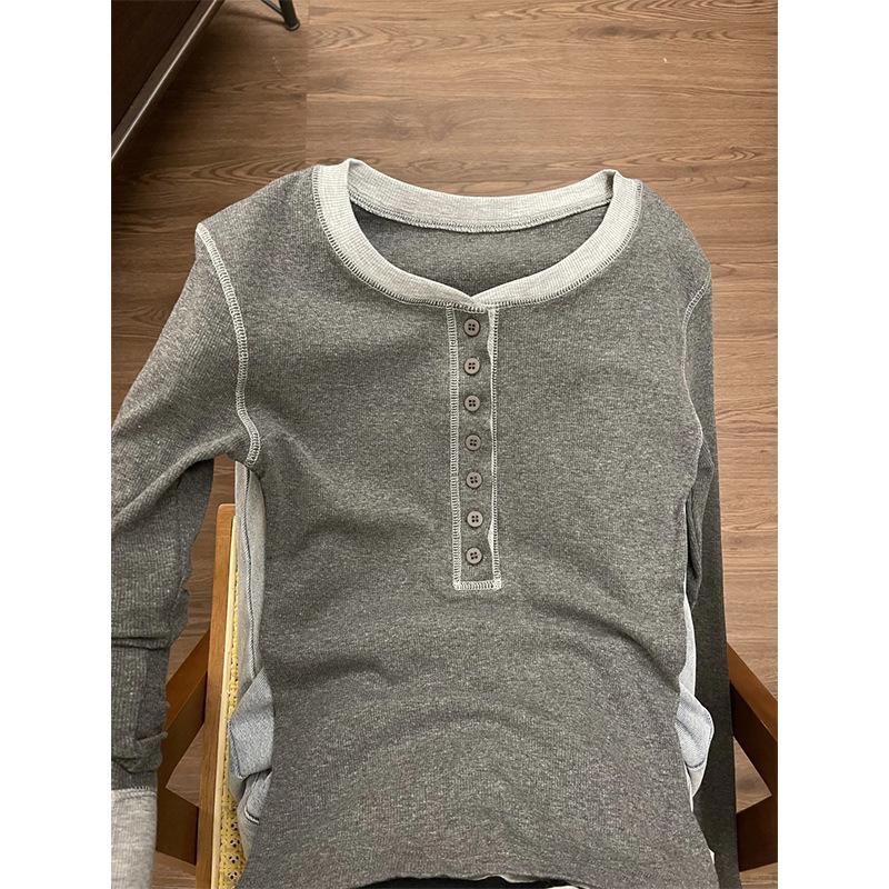 Premium contrasting color button front shoulder knitted bottoming shirt women's autumn and winter slim and thin Spice girl long-sleeved inner top