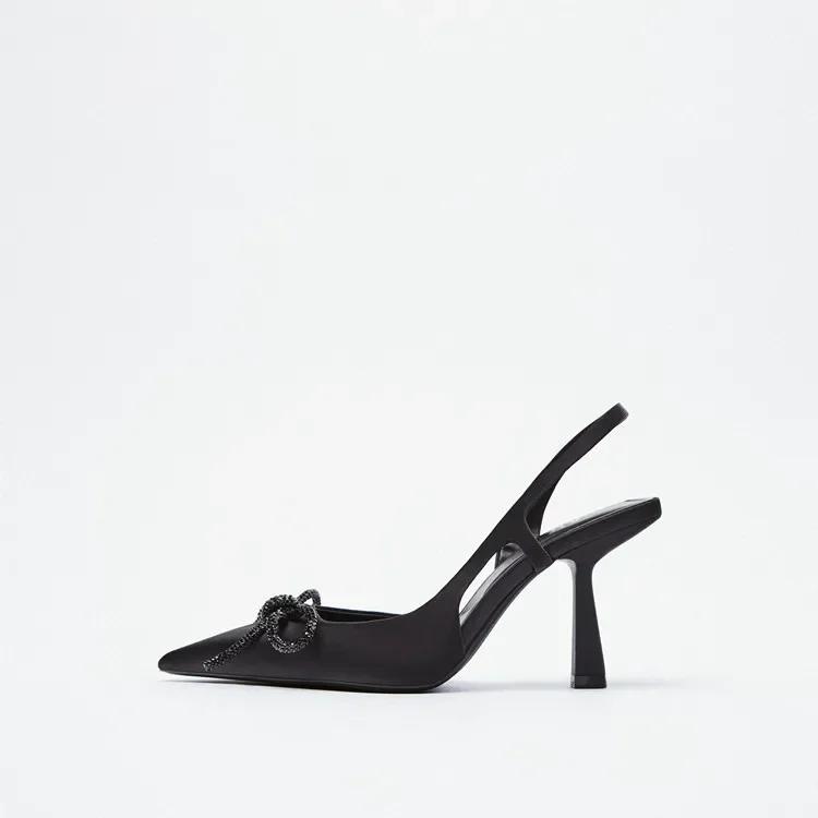 

2025 Женские босоножки на высоком каблуке с блестящим бантом, остроносые женские туфли, элегантные туфли-лодочки для женщин Muller Party Nightclub Zapatos Mujer 38 чёрный