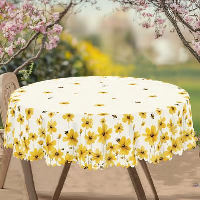 1 Styck Runda och Rektangulära Bordsdukar med Vår- och Sommarblommigt Tema, Finns i Olika Storlekar, Tryckdesign med Gula Tusenskönor och Bin