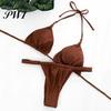 Summer Swimming Suit 2 Pcs/Set Women Bikini Set Pleated Solid Color Lace Up High Waist Bathing Spaghetti Strap Halter Neck Push Water Sports Clothes