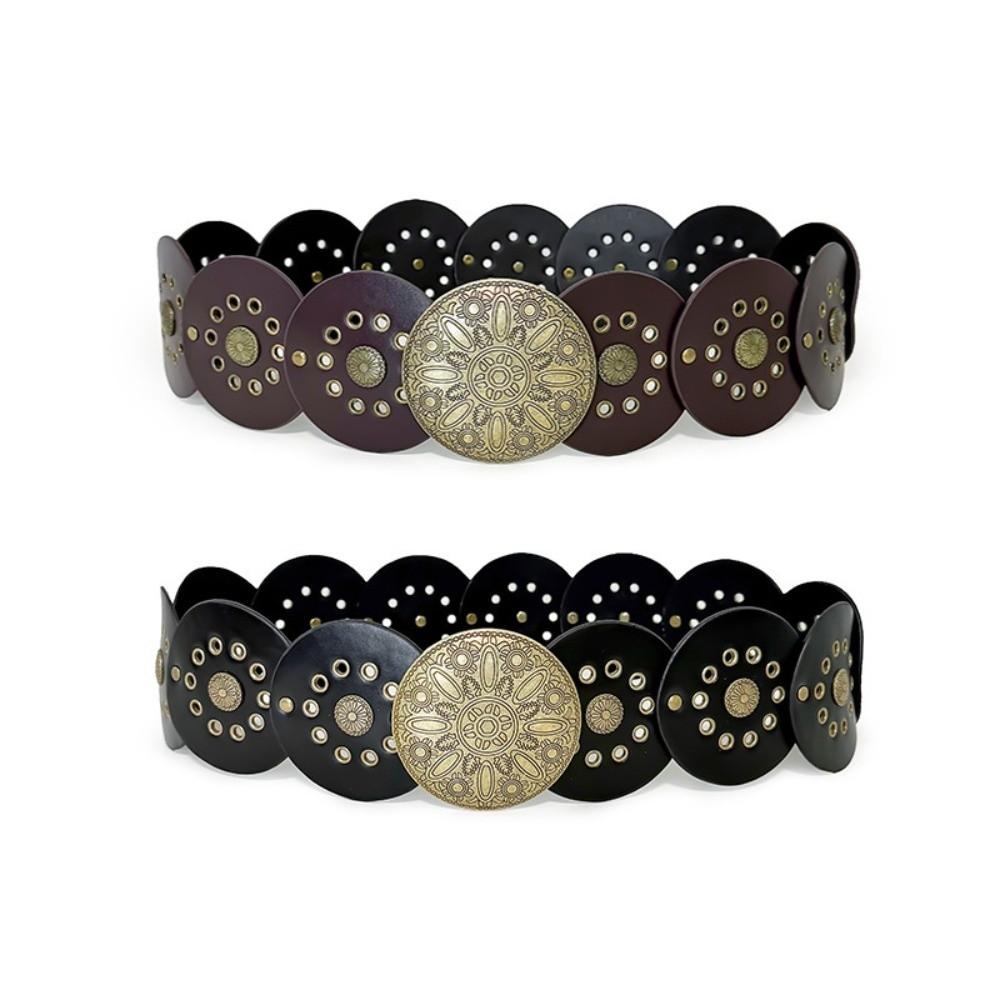 Zinc Zinc Alloy Concho Wide Belt Y2K Disc PU Hollow Waistband Fashion Ethnic Style Rivet Belt Festival