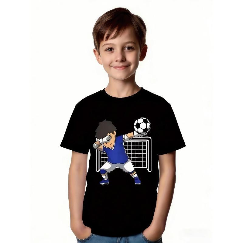 European sizes Cute Cartoon Style Boys And Girls Soccer Goalkeeper T-Shirt - Blue V-Neck Short Sleeves, Fun Pattern Design