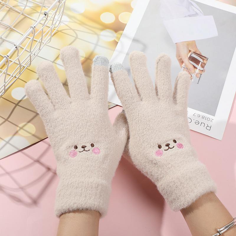 Winter Gloves Winter Warm Cute Lady Smiley Face Plush Thickened Knitted Wool Plush Gloves