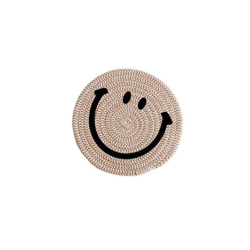 Smiling Face Round Mat Woven Ramie Placemats Anti Slip Dining Table Mats Non-Slip Tableware Bowl Pads Kitchen Drink Cup Coasters