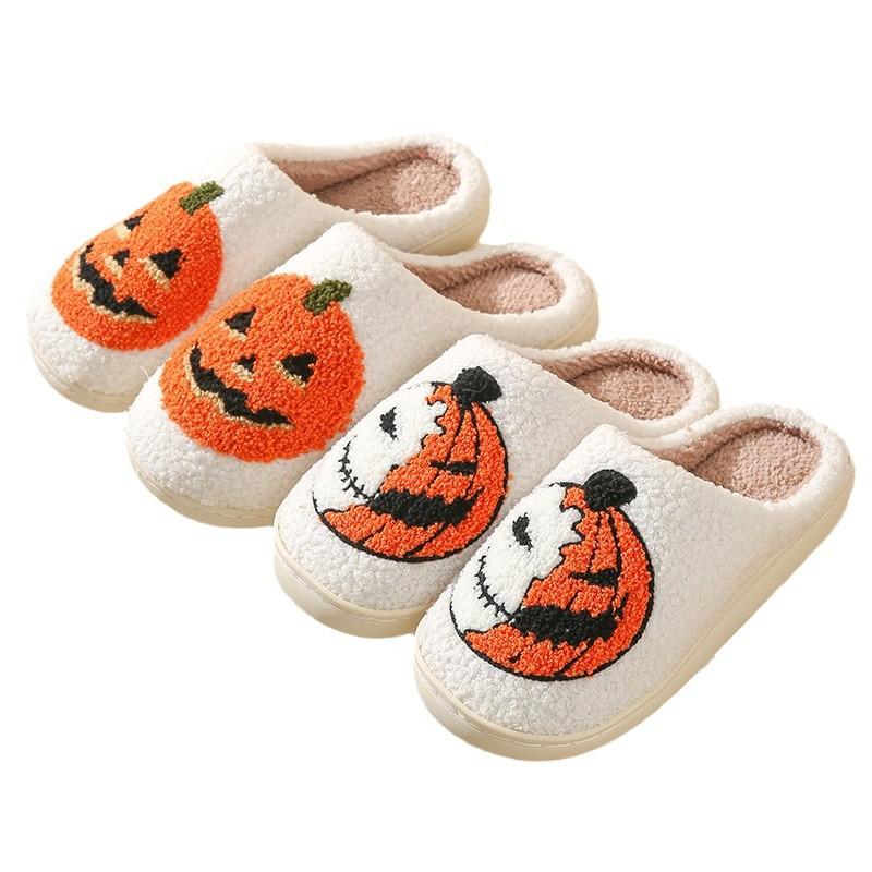 Winter Skull Print Halloween Plush Lined Warm Bag Toe Shoes Plush Home Indoor Cotton Slippers
