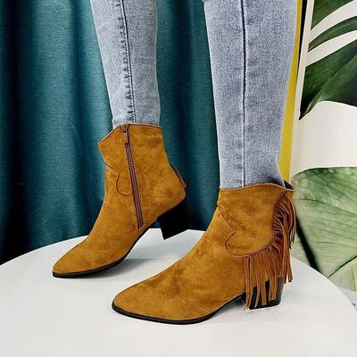 Bottes de cheville femme tendance bout pointu talon moyen plateforme chaussures à pompons nouvelles décontractées femme daim synthétique automne bottines courtes pour femmes