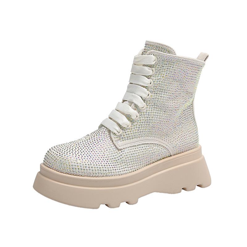 Gypsophila Rhinestone Lace-up High-top High-end Heavy-duty Diamond-encrusted Thick Heel Zipper Martin Boots