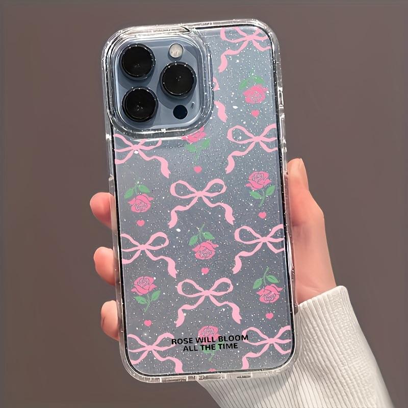 Rose bow is suitable for Apple 13 14 mobile phone case 16promax large hole glitter case XS transparent 11 cute.
