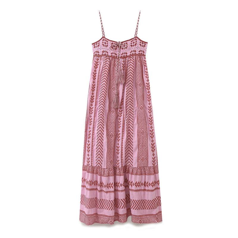 

European & American Retro Crochet Spliced Knitted Sling Dress for Women L