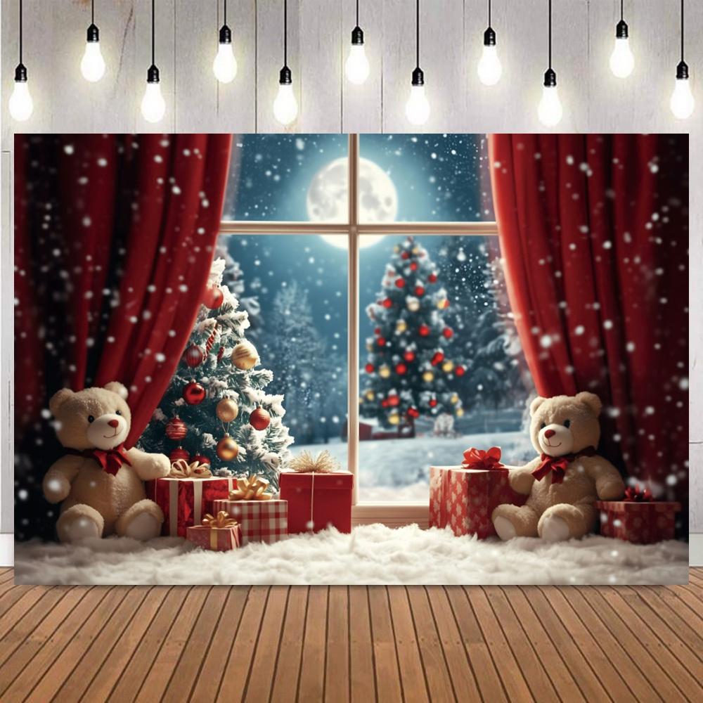 Christmas Photo Backdrop Santa Claus Gifts Xmas Tree Snowflake Full Moon Teddy Bear Photography Backgrounds Photoshoot Supplies10