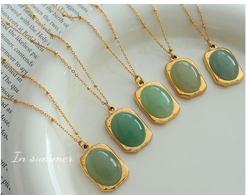 18K Gold-Plated Titanium Steel Necklace with Square Pendant and Natural Stone Inlay