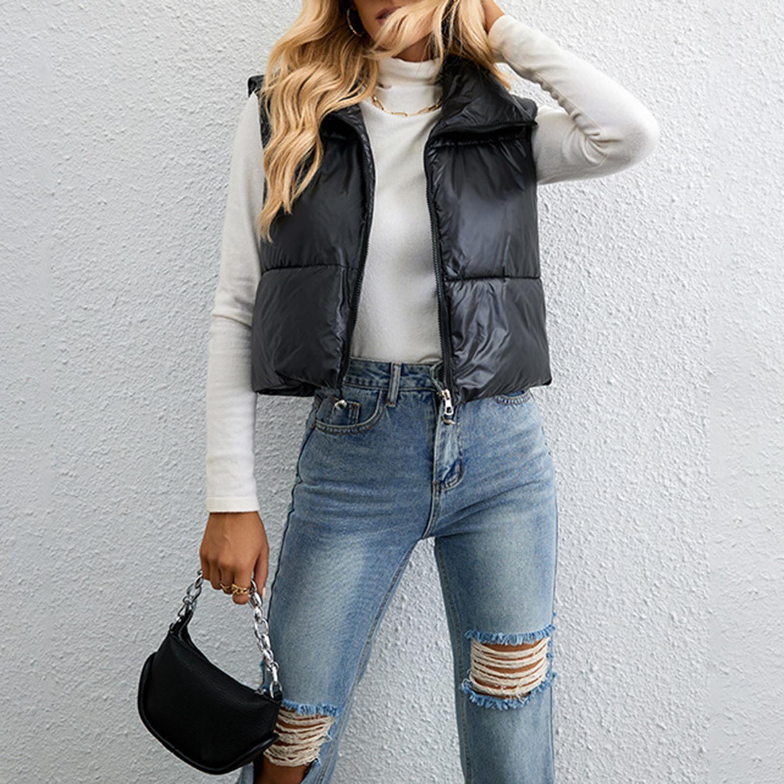 

Модный короткий однотонный жилет из хлопка с пуховым принтом, тонкий свободный жилет из хлопка с высоким воротом XL чёрный