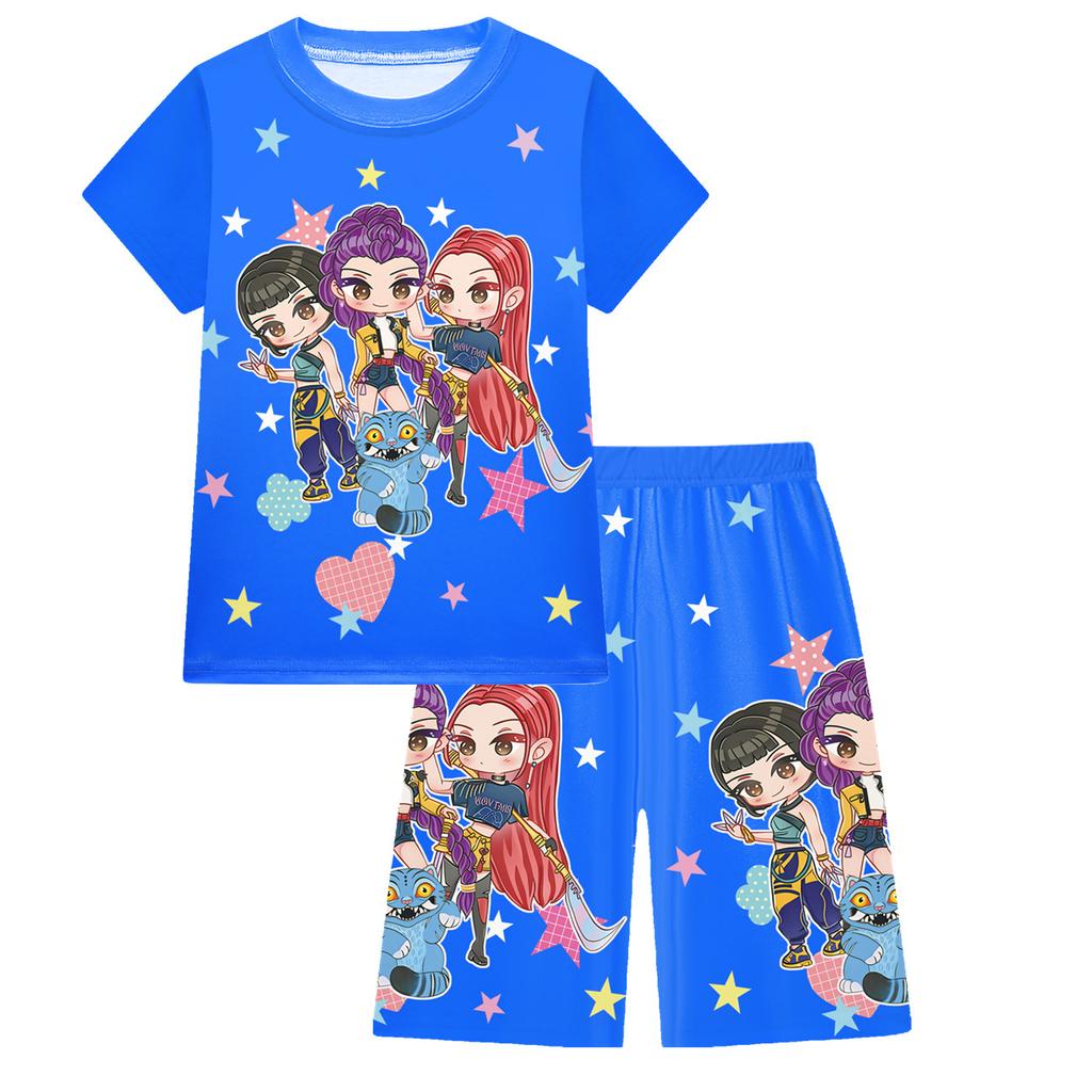 KPOP Mädchen T-Shirt und Hosen Set, Demon Slayer Cartoon, Zweiteiliges Kurzarm- und Shorts-Set für große Kinder