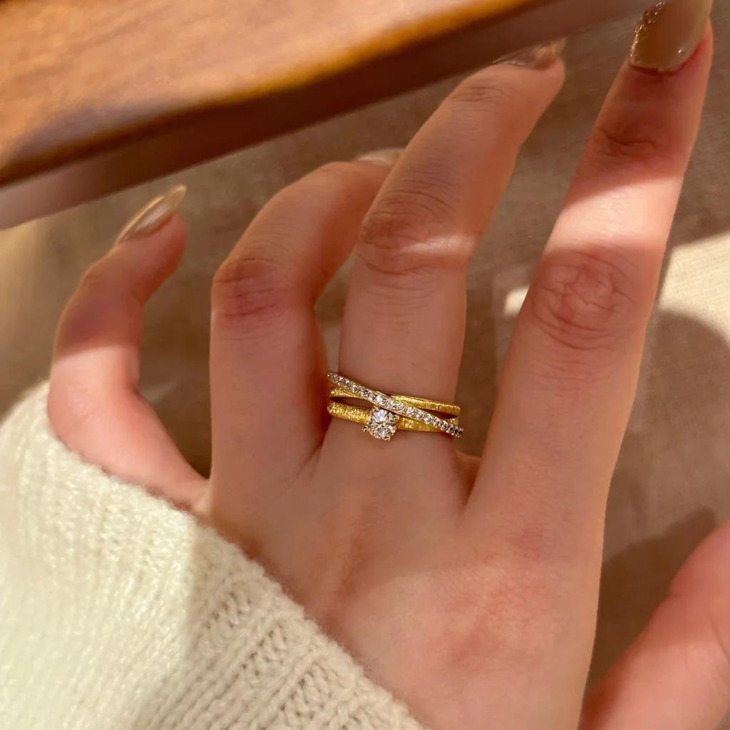 Italian High-End Roaming Interstellar Brushed Ring Light Luxury Exquisite Three-Layer Surround Cross Micro-Inlaid Women'S Ring