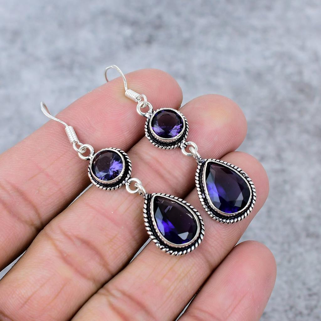 Amethyst Gemstone Handmade 925 Sterling Silver Jewelry Earring 2.56" M-340