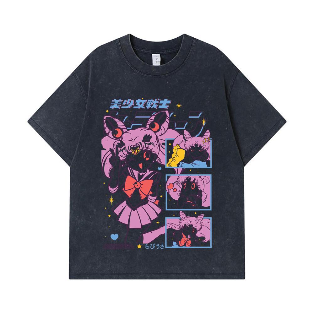 275 GSM Washed T-shirts 100% Cotton Chibiusa Print Unisex Heavy Cotton T Shirt