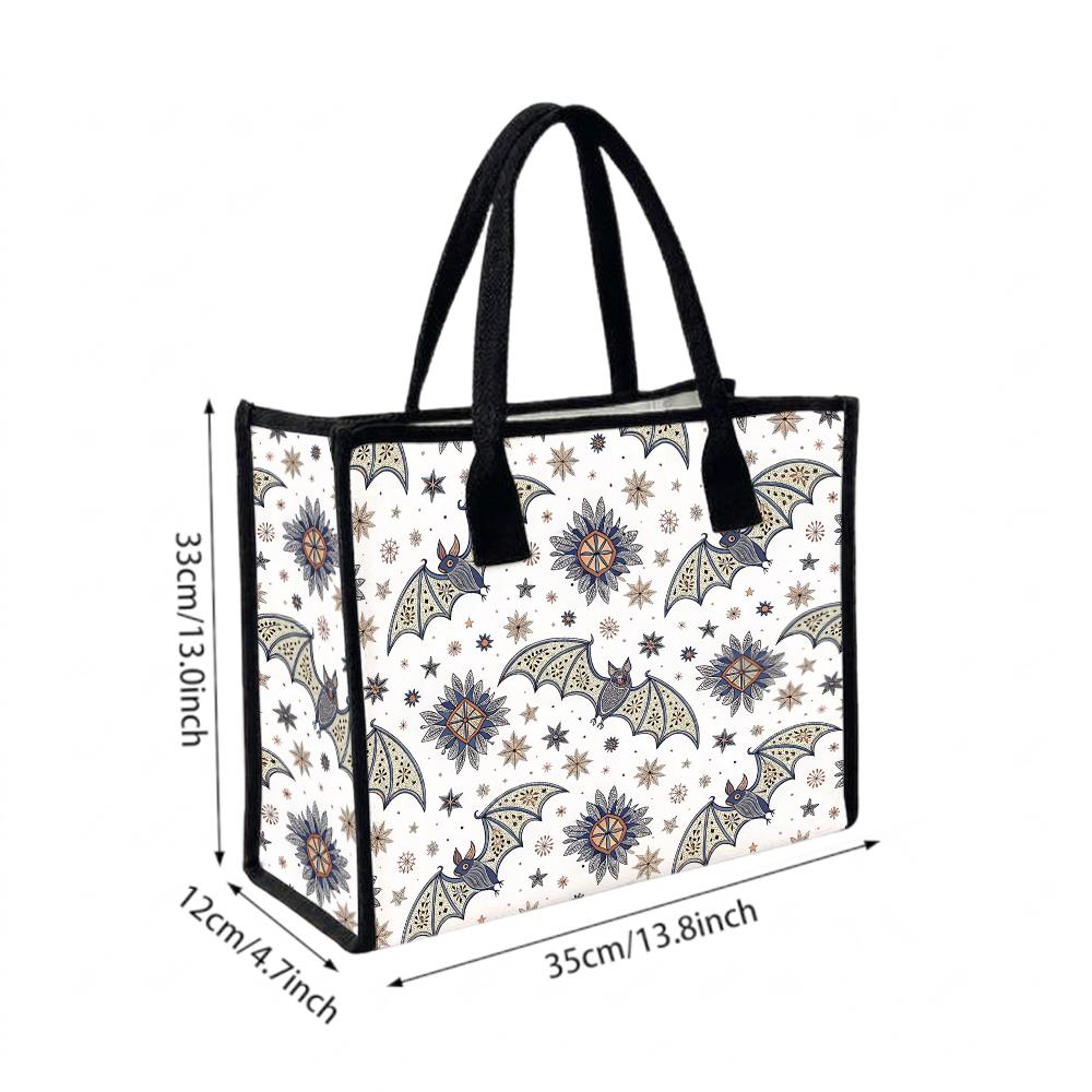 Boho Bat Printed Canvas Tote Bag Fashion Casual Large Capacity Daily Shopping Handbag for Women