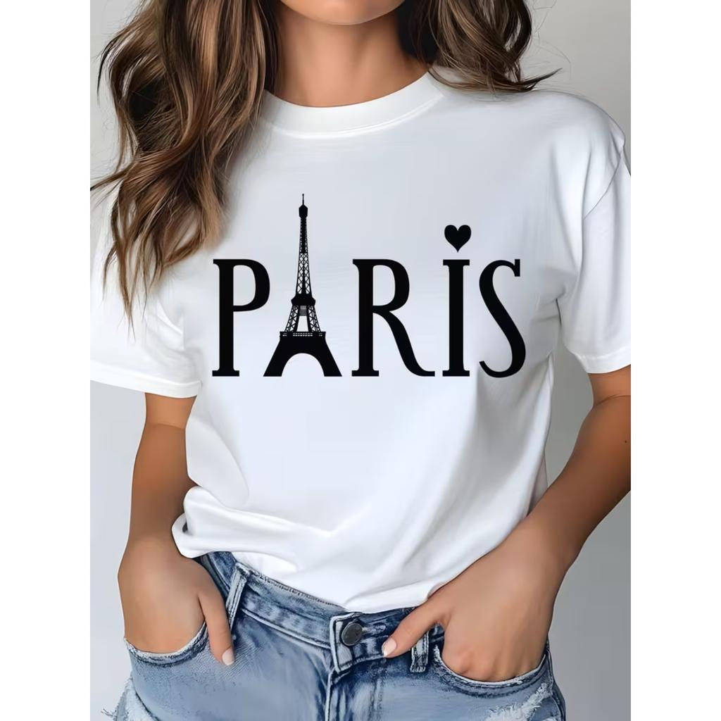 Paris Graphic Print T Shirt for Women Casual Short Sleeve Tee Comfortable Crew Neck, Soft Adorable Tees Tops
