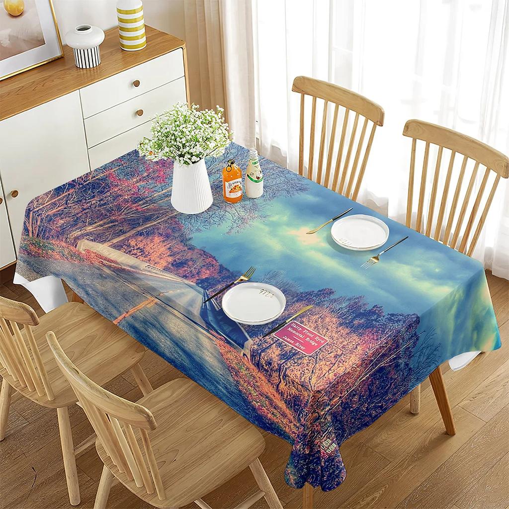 Tablecloth Landscape Waterproof Rectangle Table Cover House Amazing View Countryside Great for Parties, Holiday Dinner, Wedding