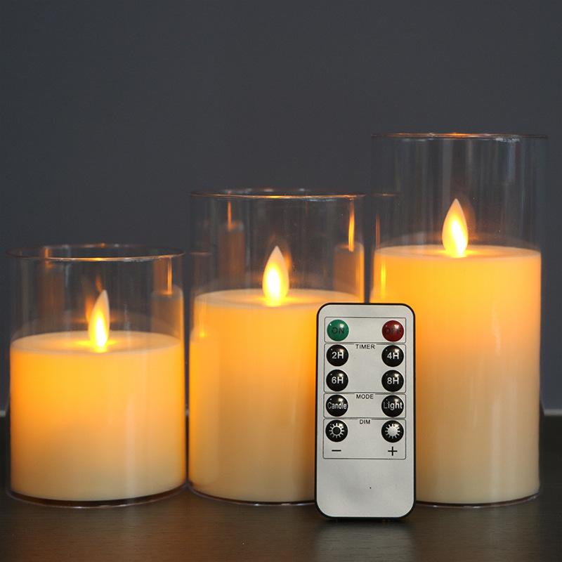 LED Flickering Candle Set with Remote Control, Three-Piece Transparent Cover - Ideal for Weddings and Birthdays.
