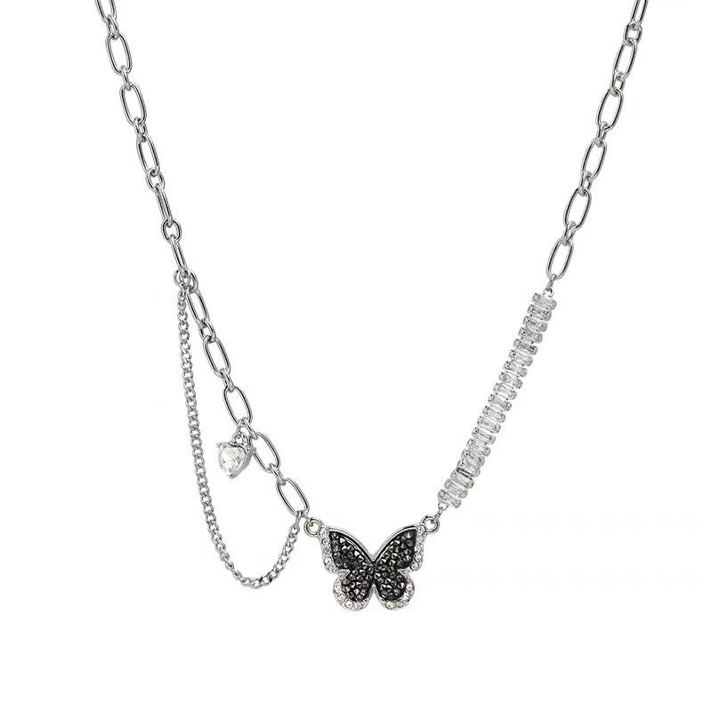 Luxury Black Zircon Love Butterfly Necklace For Women Sweet Crystal Chain Tassel Pendant Necklace Clavicle Choker Collar Jewelry