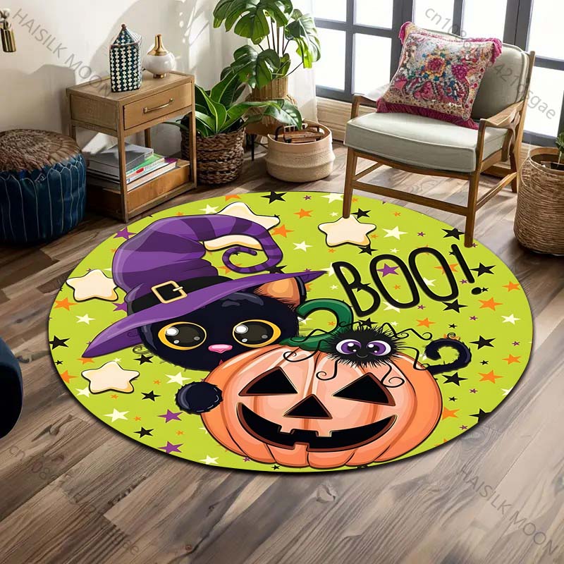 Pumpkin Head Bat Castle Halloween Round Carpet Floor Mat Suitable for Children's Bedroom Decor Living Room Round Rugs for Gifts